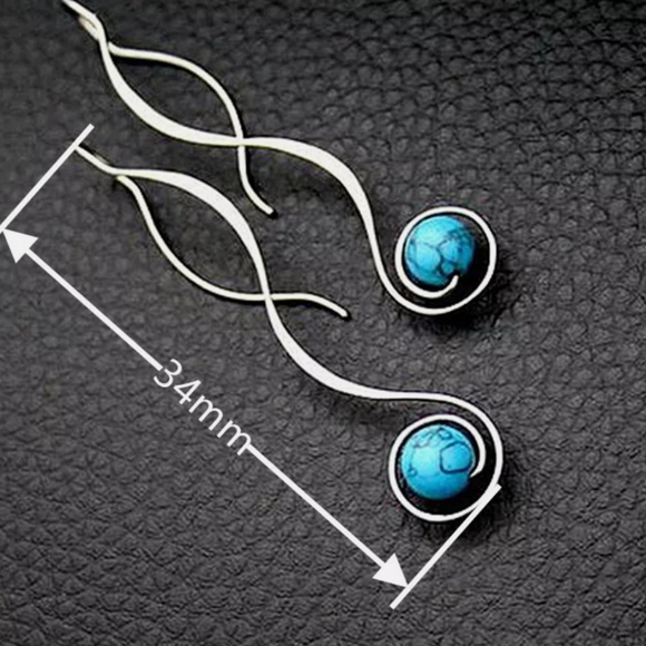 Silver Long Style Turquoise Round Cut Earrings - Picture 2 of 4
